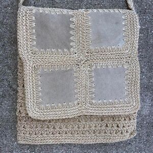 crochet leather‎ crossbody purse beige